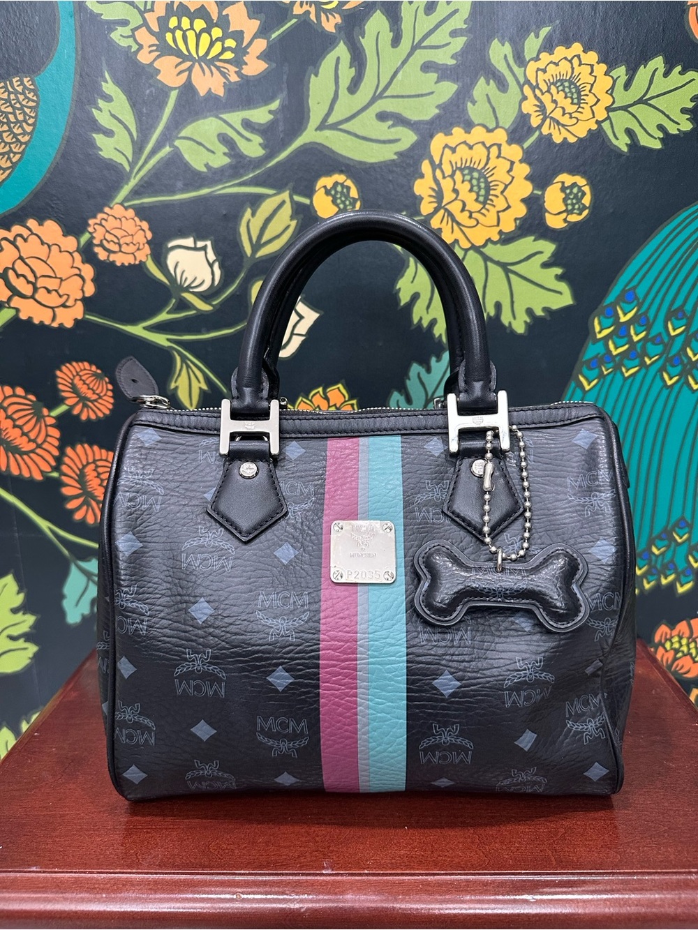 MCM Pet Collection Black Visetos Boston Bag Dog Bone Charm Satchel - Picture 3 of 16